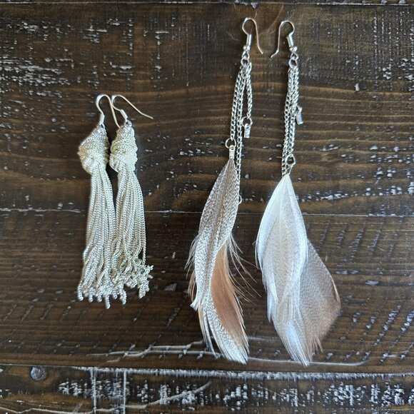 Lot of 2 Pairs Boho Dangle Earrings Tassel Feather Festival Summer Elegant Artsy - Picture 1 of 5
